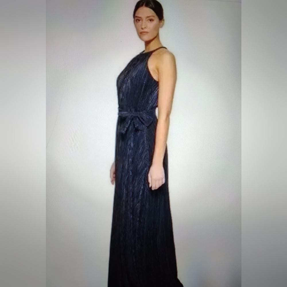 NWT DKNY Navy Women's Embellished Halter Goddess Gown Pleated Dress Sz 12 $229.